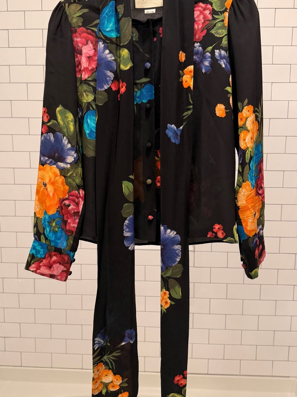 Gucci Black Silk Floral Tie-Neck Blouse with Bright Multicolor Blooms - Picture 2 of 6